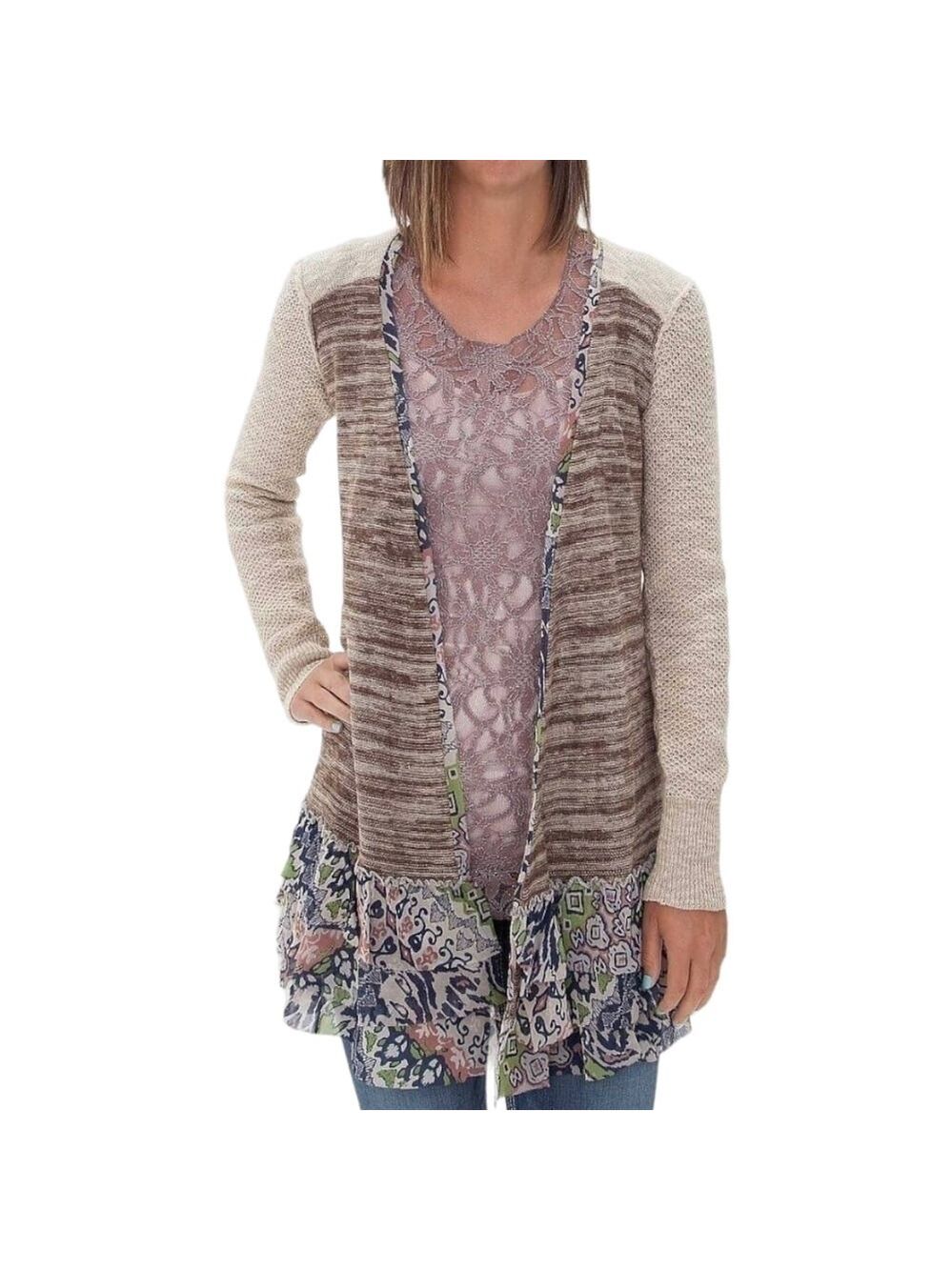 BKE Long Chiffon Ruffle Trimmed Cardigan Size Medium